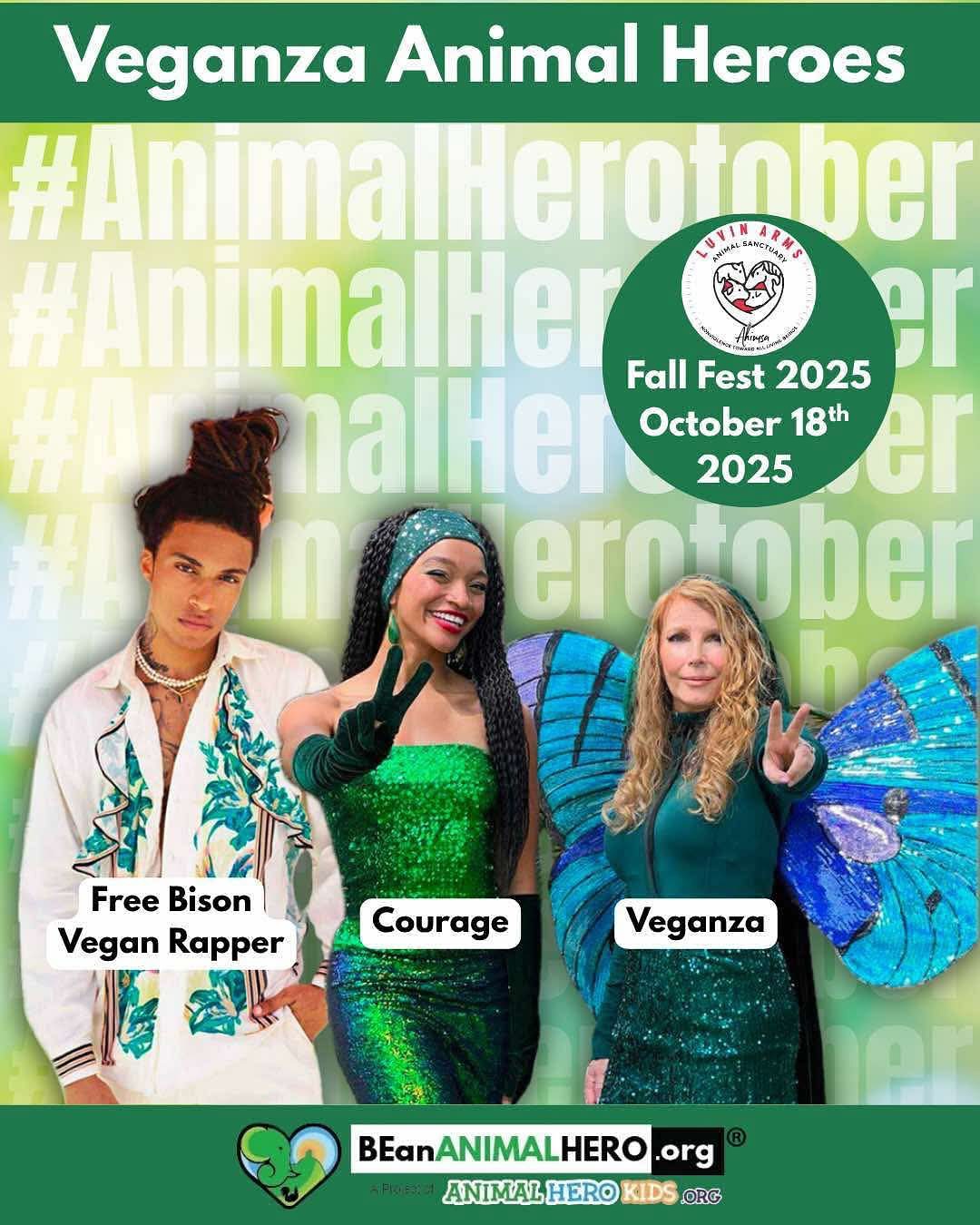 Veganza Animal Heroes poster with FREE BISON, Courage, and Veganza